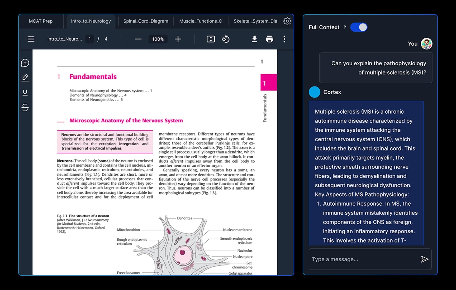 Screenshot of Learning Cortex organizing study materials into flashcards and quizzes